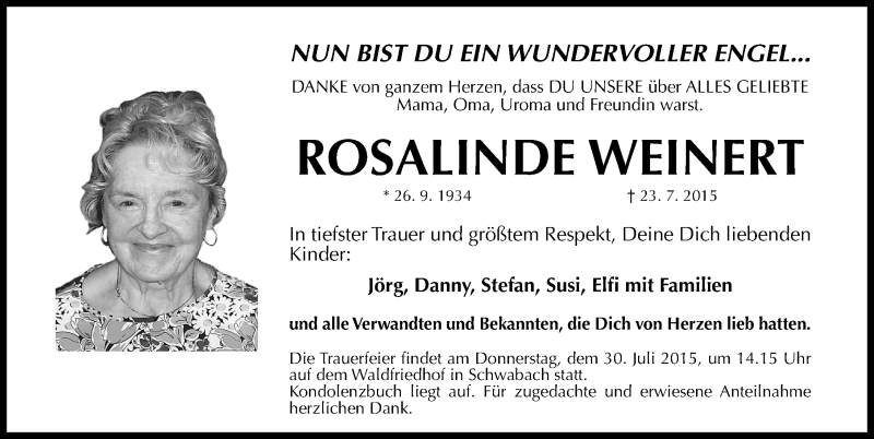  Traueranzeige für Rosalinde Weinert vom 28.07.2015 aus Gesamtausgabe Nürnberger Nachrichten/ Nürnberger Ztg.
