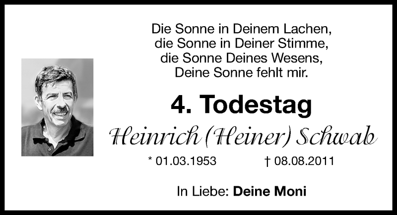  Traueranzeige für Heinrich Schwab vom 08.08.2015 aus Gesamtausgabe Nürnberger Nachrichten/ Nürnberger Ztg.