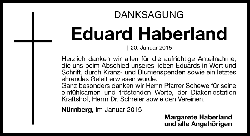  Traueranzeige für Eduard Haberland vom 31.01.2015 aus Gesamtausgabe Nürnberger Nachrichten/ Nürnberger Ztg.