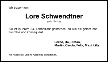 Traueranzeige von Lore Schwendtner von Nürnberger Nachrichten