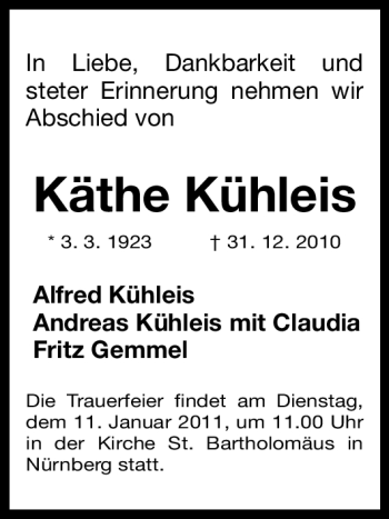 Traueranzeige von Käthe Kühleis von Nürnberger Nachrichten