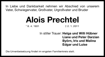Traueranzeige von Alois Prechtel von Nürnberger Nachrichten