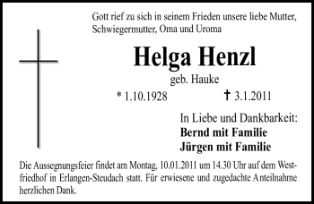 Traueranzeige von Helga Henzl von Nürnberger Nachrichten