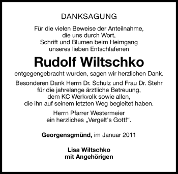 Traueranzeige von Rudolf Wiltschko von Nürnberger Nachrichten