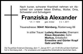 Traueranzeige von Franziska Alexander von Nürnberger Nachrichten