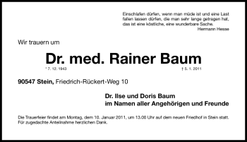 Traueranzeige von Rainer Baum von Nürnberger Nachrichten