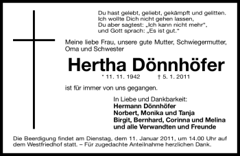 Traueranzeige von Hertha Dönnhöfer von Nürnberger Nachrichten