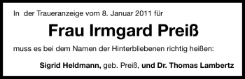 Traueranzeige von Irmgard Preiß von Nürnberger Nachrichten
