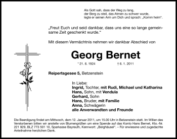 Traueranzeige von Georg Bernet von Nürnberger Nachrichten