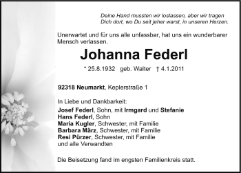 Traueranzeige von Johanna Federl von Nürnberger Nachrichten