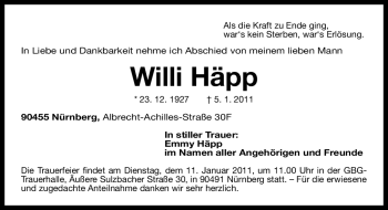 Traueranzeige von Wilhelm Häpp von Nürnberger Nachrichten