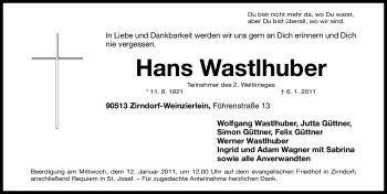 Traueranzeige von Hans Wastlhuber von Nürnberger Nachrichten