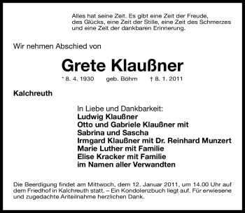 Traueranzeige von Grete Klaußner von Nürnberger Nachrichten