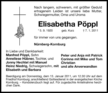 Traueranzeige von Elisabetha Pöppl von Nürnberger Nachrichten