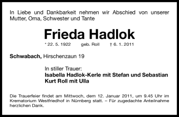 Traueranzeige von Frieda Hadlock von Nürnberger Nachrichten