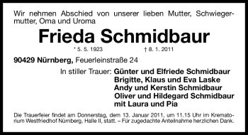 Traueranzeige von Frieda Schmidbauer von Nürnberger Nachrichten
