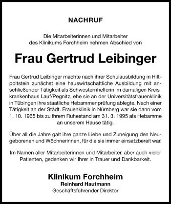 Traueranzeige von Gertrud Leibinger von Nürnberger Nachrichten