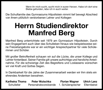 Traueranzeige von Manfred Berg von Nürnberger Nachrichten