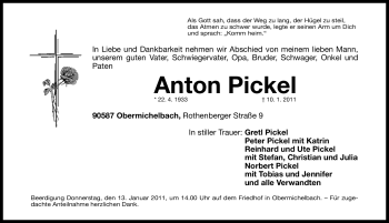 Traueranzeige von Anton Pickel von Nürnberger Nachrichten