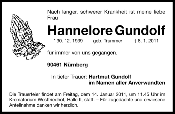 Traueranzeige von Hannelore Gundolf von Nürnberger Nachrichten