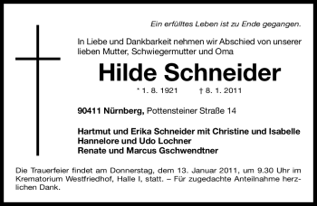 Traueranzeige von Hilde Schneider von Nürnberger Nachrichten