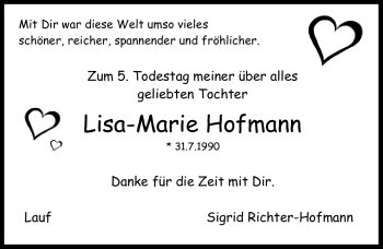 Traueranzeige von Lisa-Marie Hofmann von Nürnberger Nachrichten