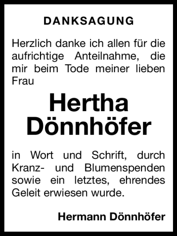 Traueranzeige von Hertha Dönnhöfer von Nürnberger Nachrichten