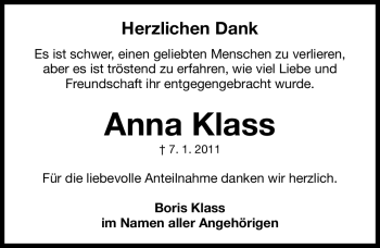 Traueranzeige von Anna Klass von Nürnberger Nachrichten