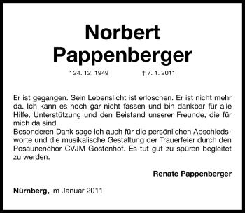 Traueranzeige von Norbert Pappenberger von Nürnberger Nachrichten