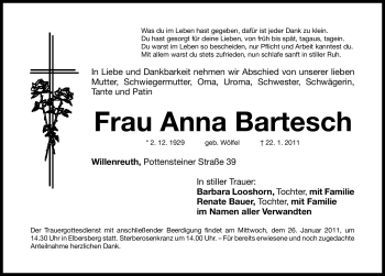 Traueranzeige von Anna Bartesch von Nürnberger Nachrichten