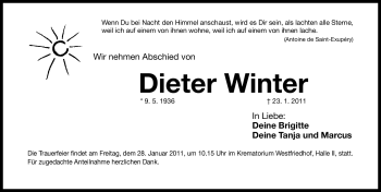 Traueranzeige von Dieter Winter von Nürnberger Nachrichten