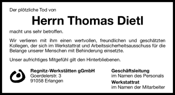 Traueranzeige von Thomas Dietl von Nürnberger Nachrichten