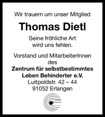 Traueranzeige von Thomas Dietl von Nürnberger Nachrichten
