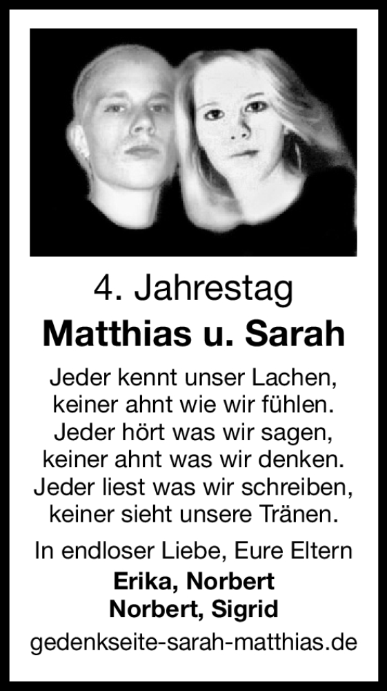  Traueranzeige für Sarah und Matthias  vom 03.02.2011 aus Nürnberger Nachrichten