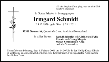 Traueranzeige von Irmgard Schmidt von Nürnberger Nachrichten
