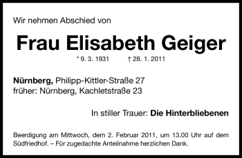 Traueranzeige von Elisabeth Geiger von Nürnberger Nachrichten