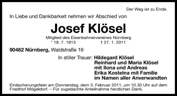 Traueranzeige von Josef Klösel von Nürnberger Nachrichten