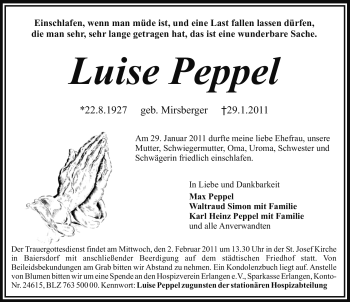 Traueranzeige von Luise Peppel von Nürnberger Nachrichten