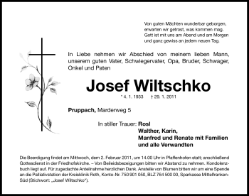 Traueranzeige von Josef Wiltschko von Nürnberger Nachrichten