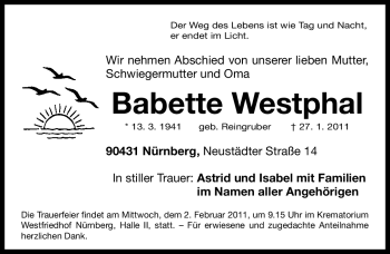 Traueranzeige von Babette Westphal von Nürnberger Nachrichten