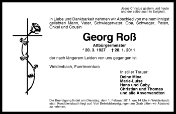 Traueranzeige von Georg Roß von Nürnberger Nachrichten