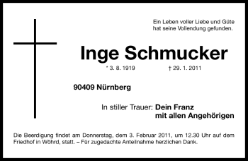 Traueranzeige von Inge Schmucker von Nürnberger Nachrichten