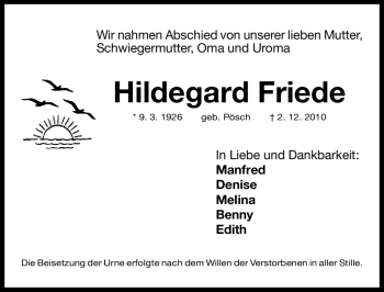 Traueranzeige von Hildegard Friede von Nürnberger Nachrichten