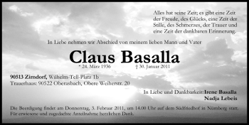 Traueranzeige von Claus Basalla von Nürnberger Nachrichten