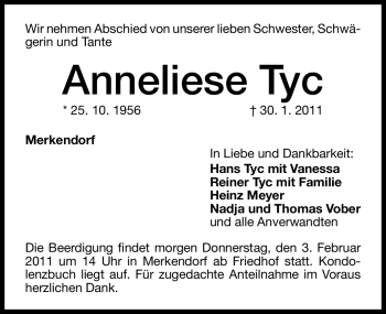 Traueranzeige von Anneliese Tyc von Nürnberger Nachrichten