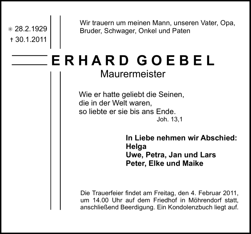  Traueranzeige für Erhard Goebel vom 02.02.2011 aus Nürnberger Nachrichten