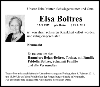 Traueranzeige von Elsa Boltres von Nürnberger Nachrichten