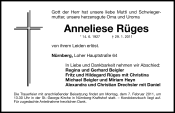 Traueranzeige von Anneliese Rüges von Nürnberger Nachrichten