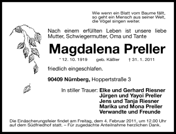 Traueranzeige von Magdalena Preller von Nürnberger Nachrichten
