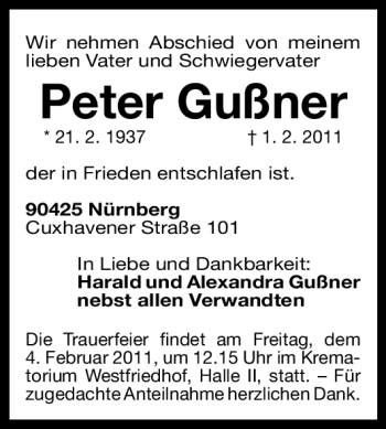 Traueranzeige von Peter Gußner von Nürnberger Nachrichten